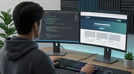 Developer writing code with the website preview on a second monitor
