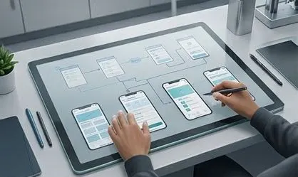 Designer arranging mobile screen layouts and user flows on a large touch display